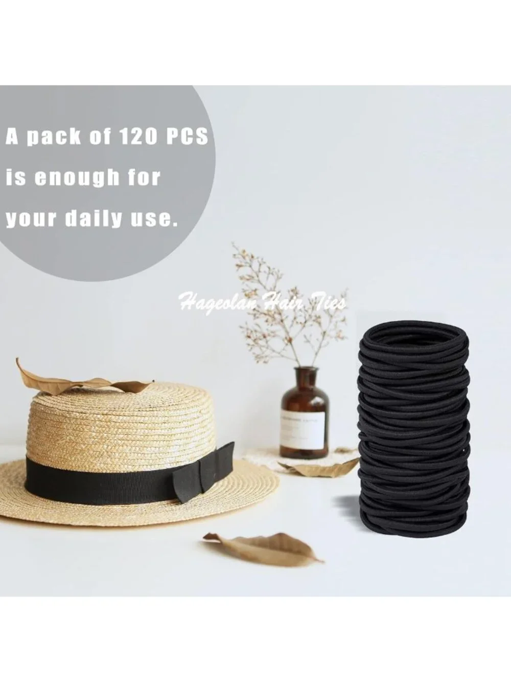 120 Pcs Elastic Hair Ties for Thick Curly Hair - Black Ponytail Holders Bulk